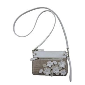Liz Claiborne Crossbody Purse White Tan Tea Rose Appliqué Wicker Straw Handbag